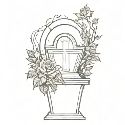 A graveyard scene with a beautiful rose bush growing over a tombstone, incorporating elements of neotraditional style tattoo design idea