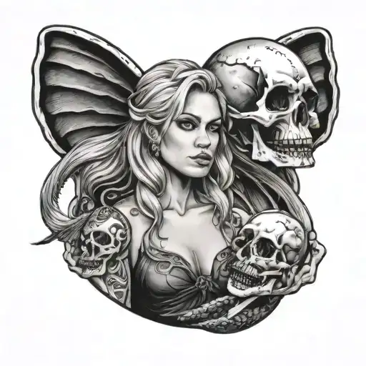 mermaid with rhea ripley's holding a skull tattoo design idea