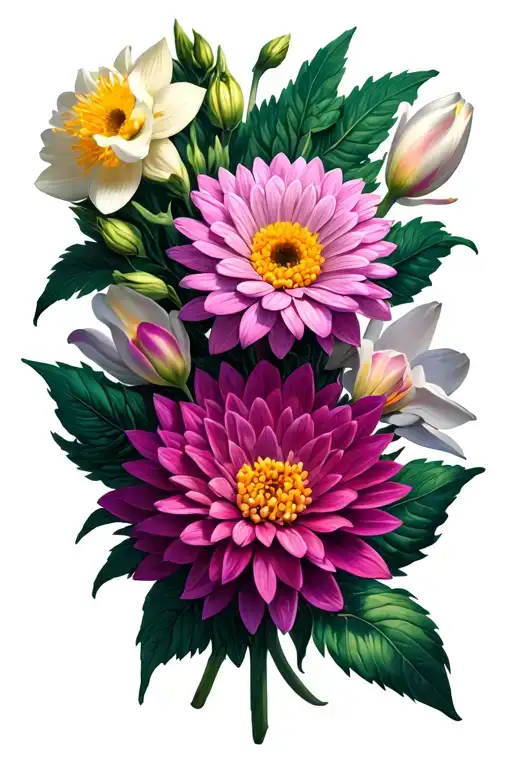 bells of Ireland, Chrysanthemum, daffodil, lupine, magnolia, Yarrow, tulip, Mountain burel, bleeding heart  tattoo design idea