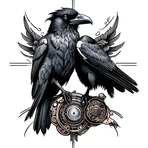 steampunk inspired arm tatoo with a raven perched tattoo design idea