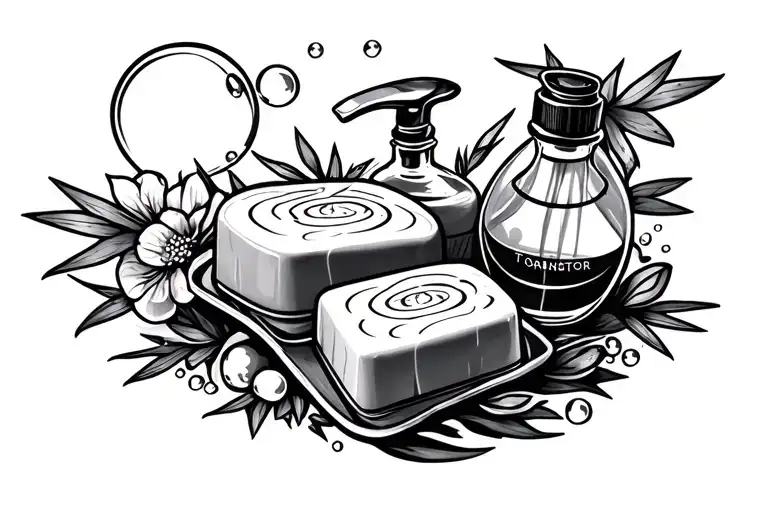 Japanese style tattoo with soap bar and soap bottle soap bubbles with bamboo cap tattoo design idea