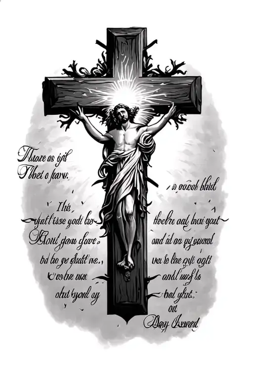 christain cross of light and a Bible verse older looking  tattoo design idea