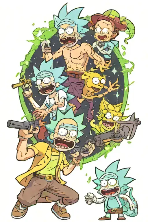  . rick and morty walk out a portal guns drawn, goku is fighting majin boo.  tattoo design idea