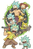  . rick and morty walk out a portal guns drawn, goku is fighting majin boo.  tattoo design idea