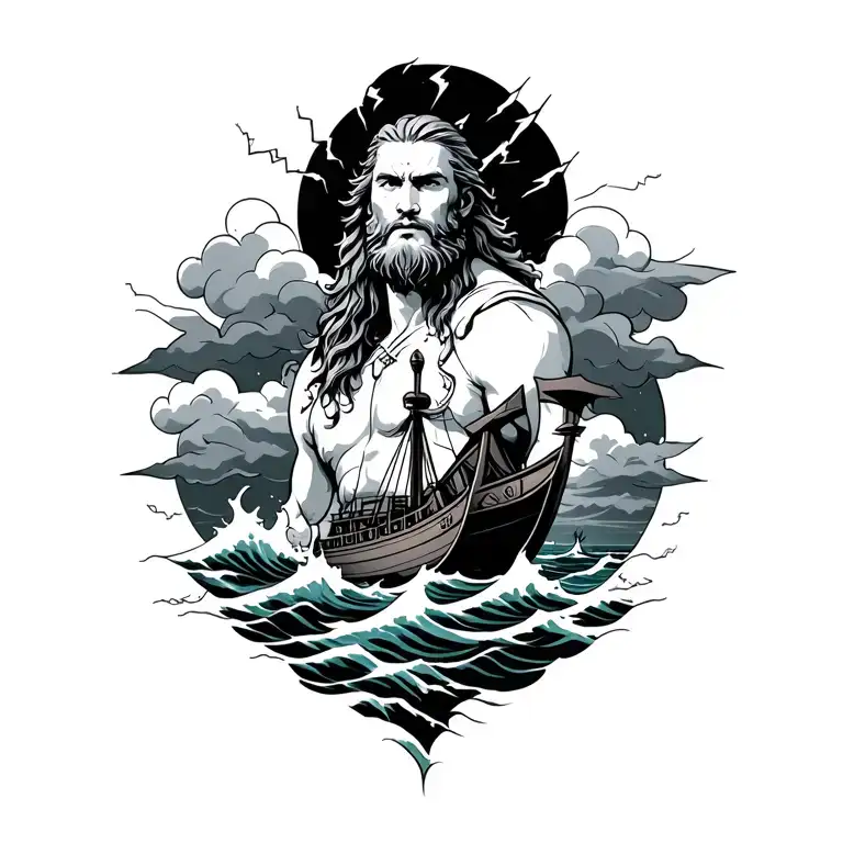i want the asa god Loke linked with ocean, waves and a viking boat under him. use clouds and thunders tattoo design idea