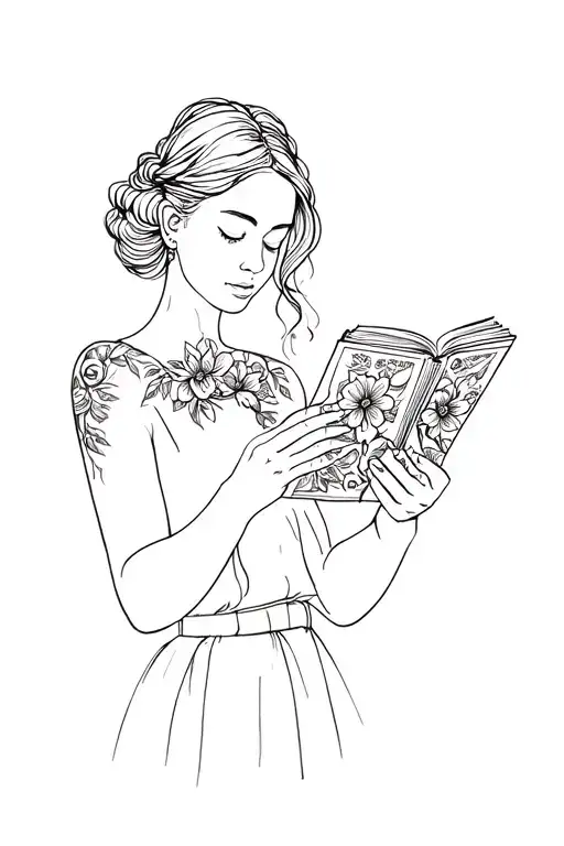 a woman reading a book surrounded by bold floral tattoo design idea