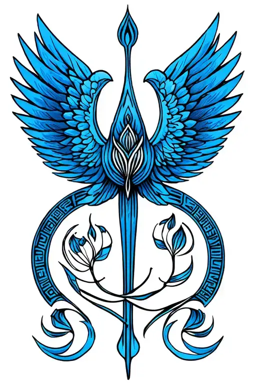 Isis wings, blue lotus egiptian simple hieroglyphics, tattoo design idea