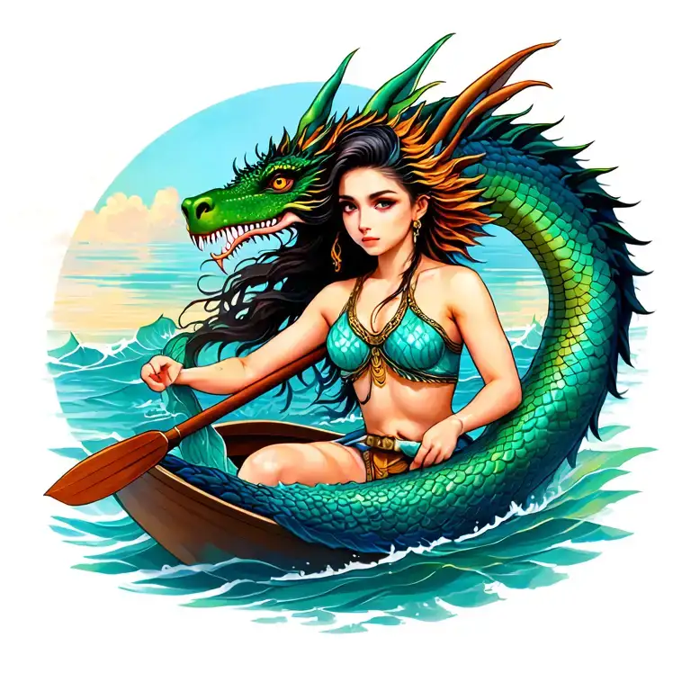 dragon boat rowing, ocean, mermaid, female marine tattoo design idea