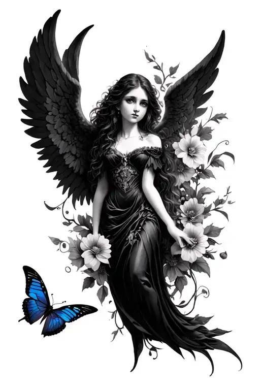 Gothic angel with butterfly and flowers tattoo design idea