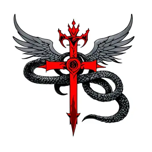 the Flamel symbol from Fullmetal Alchemist -- a serpent wrapped around a cross, with wings and a crown on top, red tatto tattoo design idea