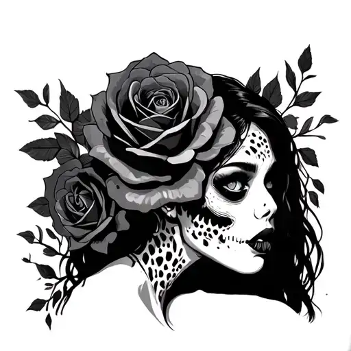 beautiful zombie woman roses cheetah print tattoo design idea