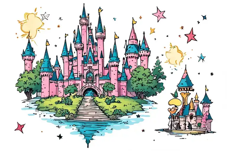 Disney castle with cute Disney characters tattoo design idea