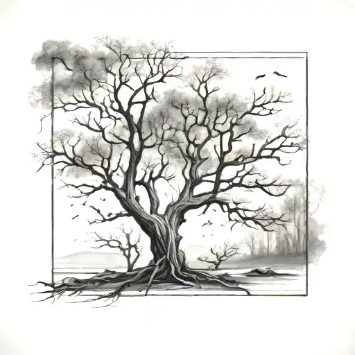 leafless tree in a shaded square tattoo design idea