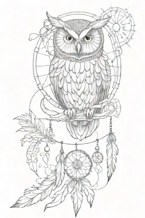 An owl and a dream catcher entangled tattoo design idea