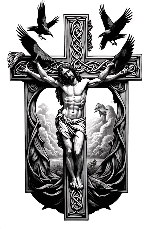 jesus on celtic cross with crows perched and flying with claws no background tattoo design idea