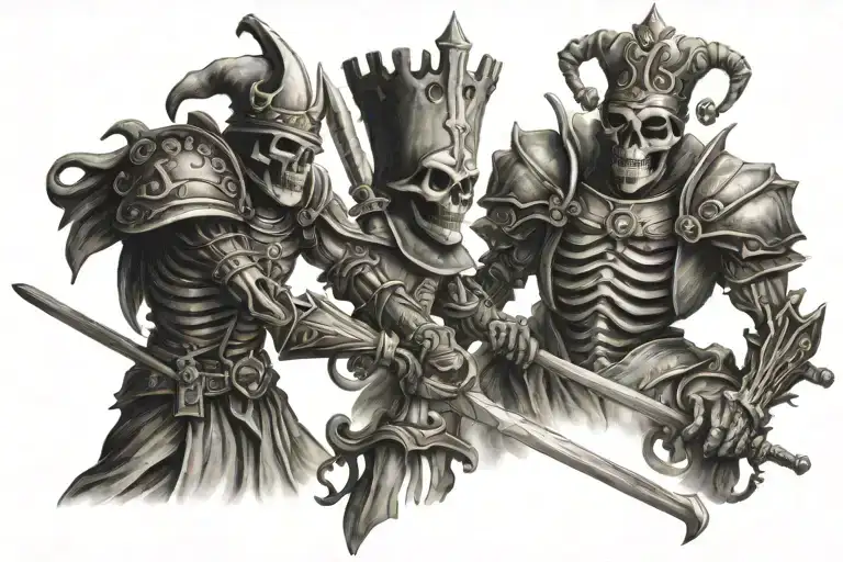 renaissance castle, skeleton king, skeleton jester sword fighting  tattoo design idea