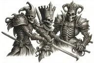 renaissance castle, skeleton king, skeleton jester sword fighting  tattoo design idea