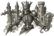 renaissance castle, skeleton king, skeleton jester sword fighting  tattoo design idea