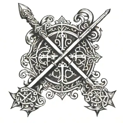 chi rho made with sword and arrows. small leave stem thing to outline chi rho  tattoo design idea