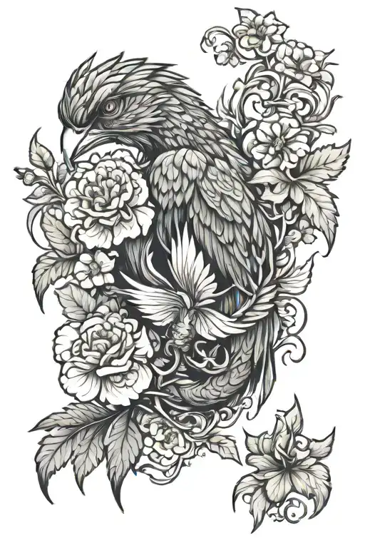 Phoenix with geraniums and scorpion intertwined tattoo design idea