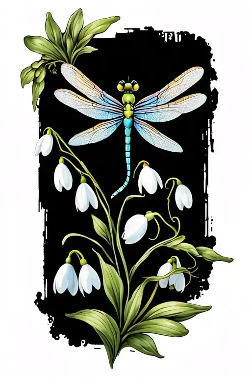 dragonfly with snowdrop flowers intertwined within tattoo design idea