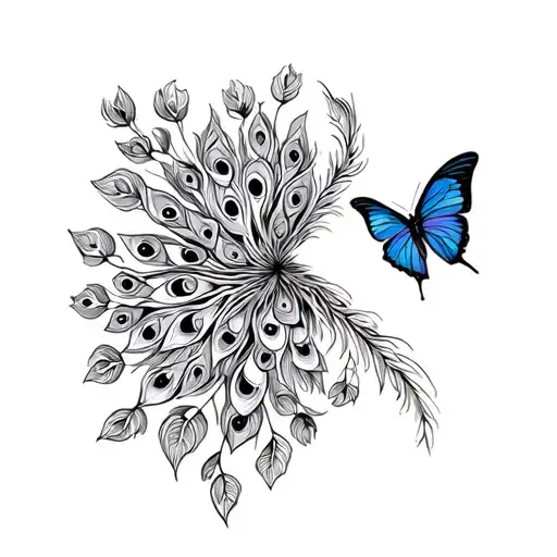simple line drawing of Robin and peacock butterfly  tattoo design idea