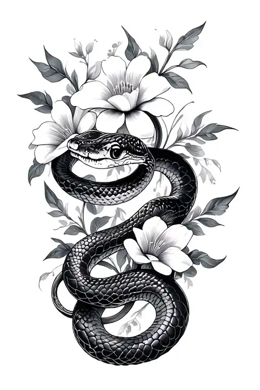 snake and flowers tattoo design idea