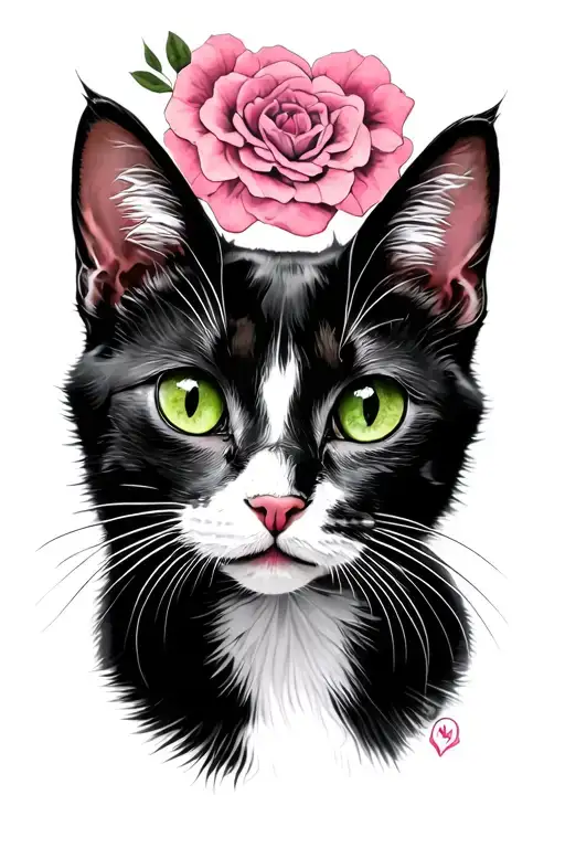 Black and white cat, green eyes, pink nose, memorial tattoo design idea