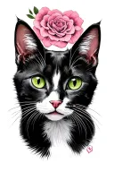 Black and white cat, green eyes, pink nose, memorial tattoo design idea