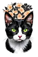 Black and white cat, green eyes, pink nose, memorial tattoo design idea