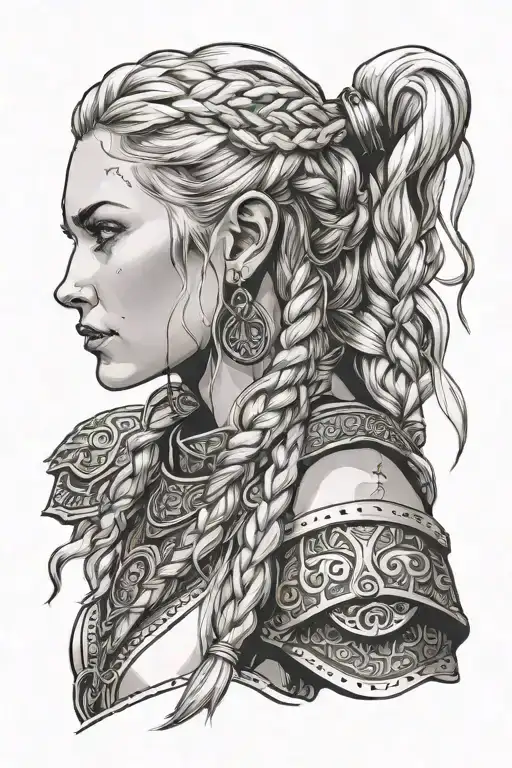 blonde viking woman face profil braids, big ear rings tattoo design idea