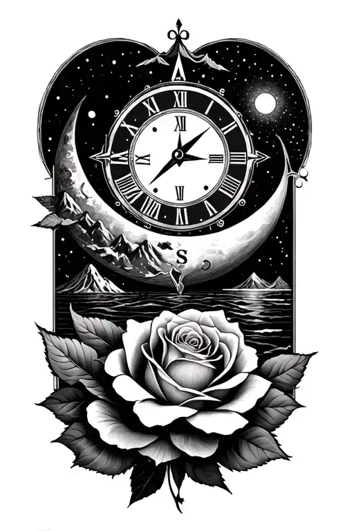 sun, moon, ocean, mountain, clock, compass, Gemini, rose tattoo design idea