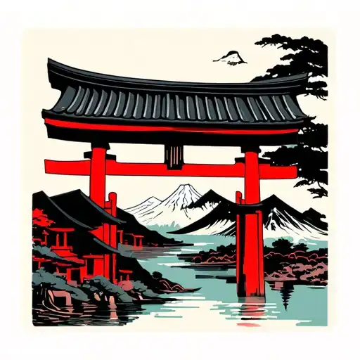 I want a tattoo that represents Japan. I want a rectangle that is not too thin, a Japanese torii gate, Mount Fuji, a kat tattoo design idea