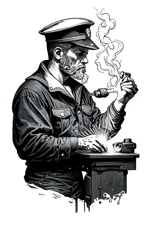 sailor smoking while welding tattoo design idea