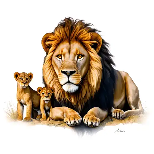 a male lion with a lioness and 2 cubs all together  tattoo design idea