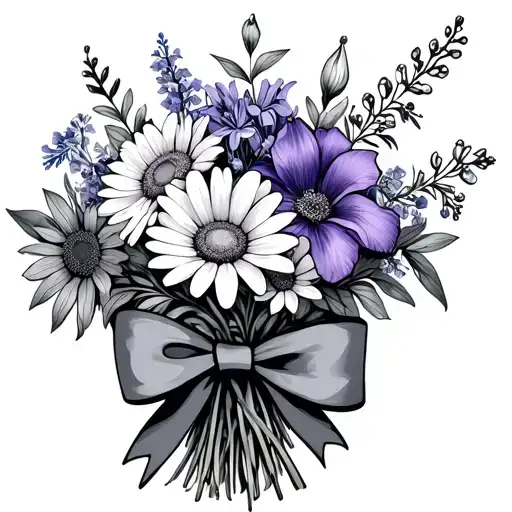 flower bouquet with a daisy, Violet, iris, Larkspur, and cosmo wrapped in a bow tattoo design idea
