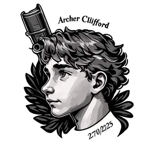 "Archer Clifford 27/02/25" child's name written tattoo design idea
