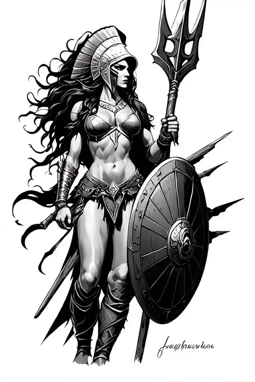 ares as a female spartan with spear and shield adorned tattoo design idea