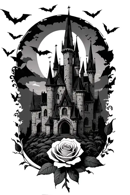 dark gothic castle with bats flying, and a rose underneath it tattoo design idea