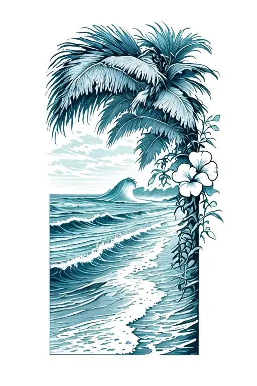 ocean waves on beach with palm and hibiscus vine on right tattoo design idea