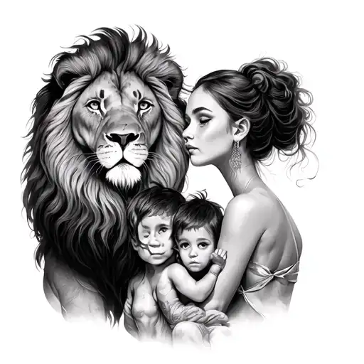 Woman,two Kids,lion tattoo design idea