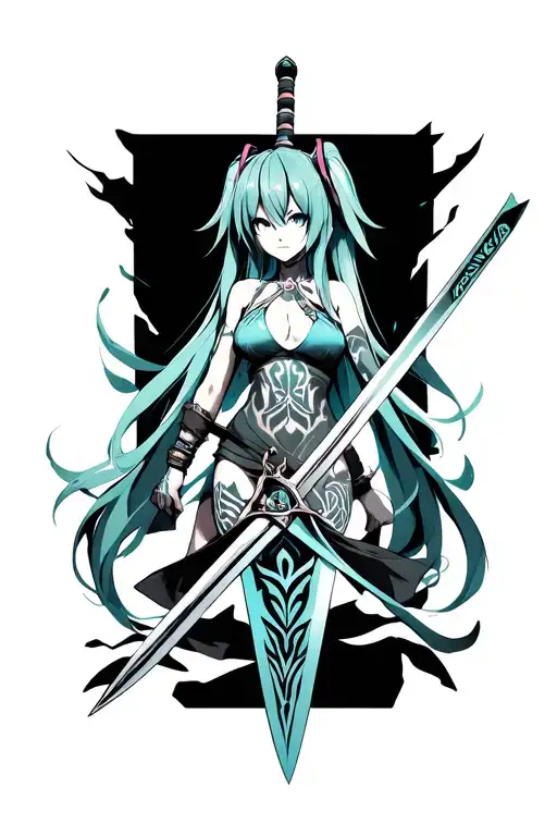 Hatsune Miku design with a sword in the right of her, cybersigilism around her body and tribal pattern in the sword tattoo design idea