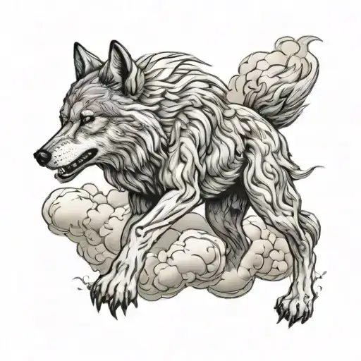 fenrir wolf with filler clouds and light tattoo design idea