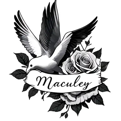 roses and dove with the name Macauley  tattoo design idea