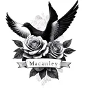 roses and dove with the name Macauley  tattoo design idea