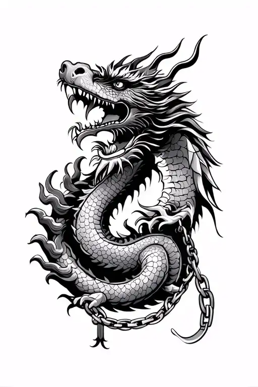 chinese imperial dragon with judgement chain in its mouth flowing eye of ra at top proximity and prosperity chinese tattoo design idea