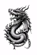 chinese imperial dragon with judgement chain in its mouth flowing eye of ra at top proximity and prosperity chinese tattoo design idea