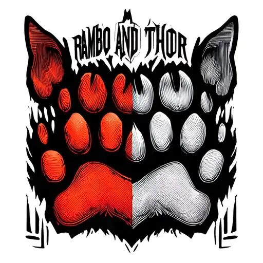 "Rambo and Thor" outline of dog and cat paw prints overlapping each other tattoo design idea