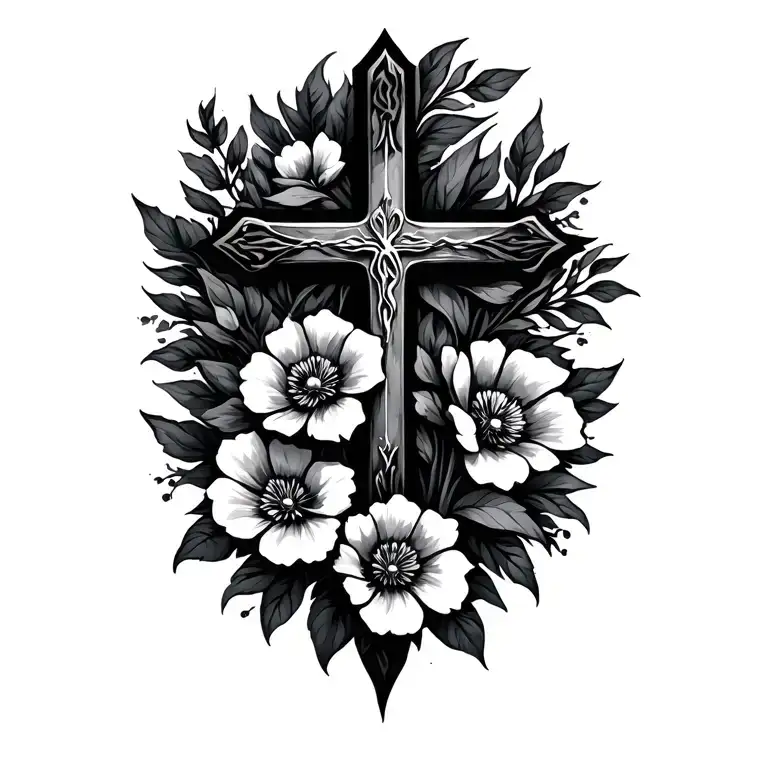 Christian Cross with flowers tattoo design idea