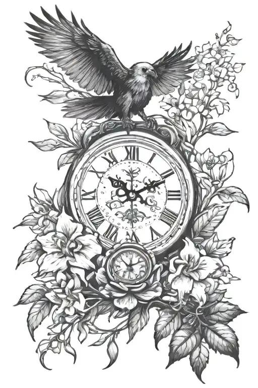 clock tree yoga hike nature skull orchid crow tattoo design idea